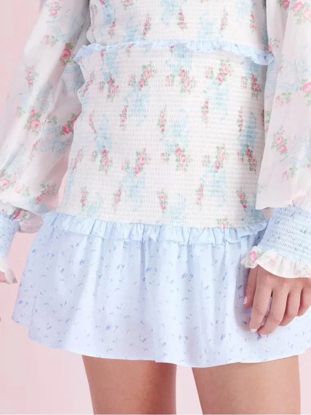 LoveShackFancy Girls' Juliet Ribbon Floral Smocked Long Sleeve Dress - 9